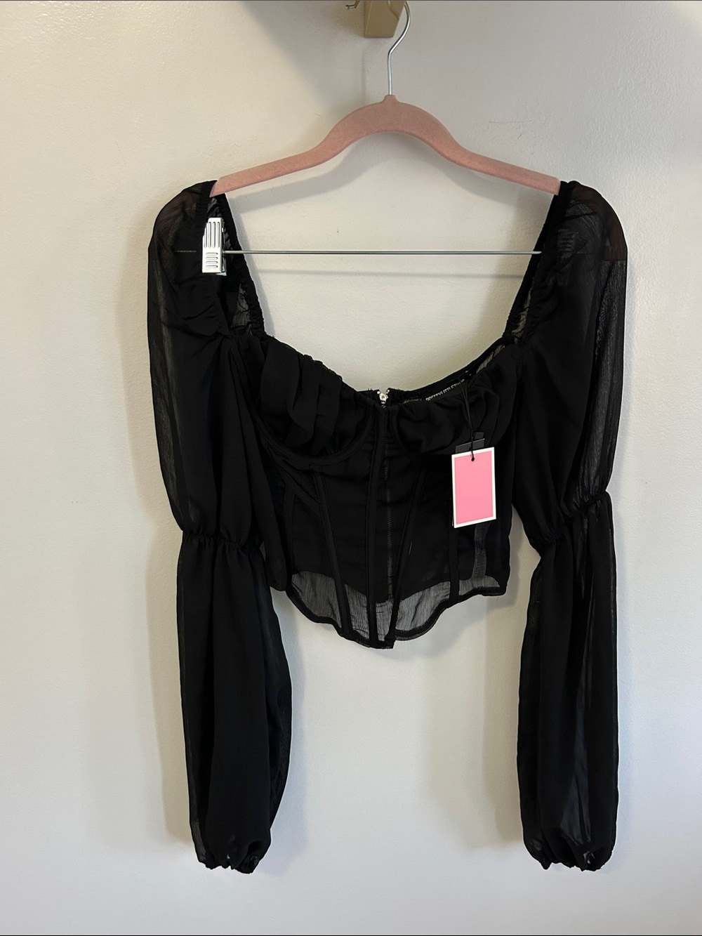Pretty Little Thing Black Chiffon Balloon Sleeve Corset Top